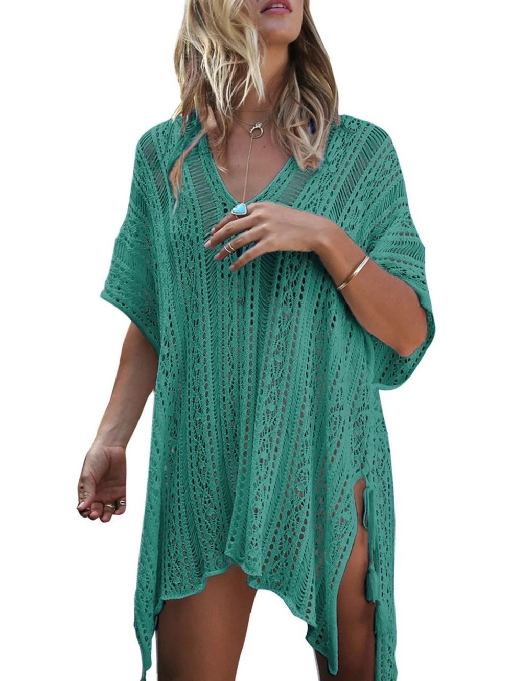 Open-Knit Green V-Neck Swim Cover-Up